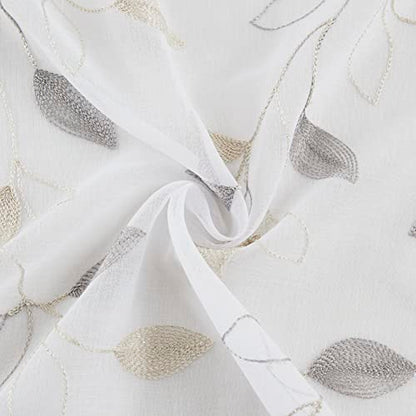 Bujasso Embroidered Leaf Sheer Curtains, Gray Beige 38" Wx96 Lx2 - color: Yellow Grey, size: 38"W x 96"L (Pack of 2)