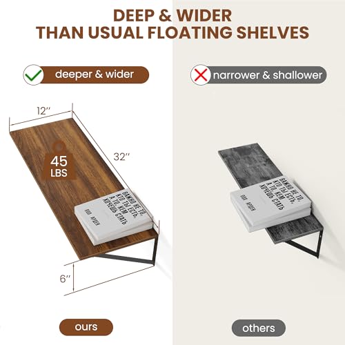 Heimlove 32W x 12D Deep Floating Shelves Set of 2 Walnut - color: Walnut With Black Metal Bracket, size: 32Wx12Dx5.8H