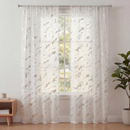 Horaldaily 2Pcs White Sheer Curtains 52x63in, Silver Sequin Marble - color: White and Sliver, size: 52"W x 63"L (Pack of 2)