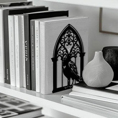 Peacoblue 5.3"x4.3"x7.9" Metal Bookends, Heavy Duty Book Ends for Shelves - style: Gothic Crow