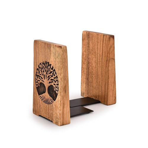 NIRMAN Office Bookends Iron & Acacia Wood Tree of Life Office Bookends for Shelves or Bookcase Heavy Bookends, Home Décor Gift (4"" X 4"" X 6""), (Set of 2), Brown