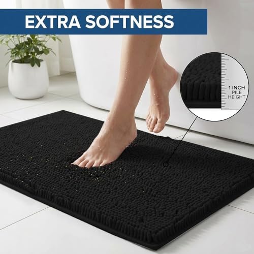 Bathroom Rugs Sets 2 Piece,Super Absorbent Chenille Bath Mats and U-Shaped Toilet Rug,Strong PVC Non Slip Backing,Microfiber Washable Dry Quickly Bath Mats for Bathroom(20"x32"+20"x20"U, Black) - color: Black