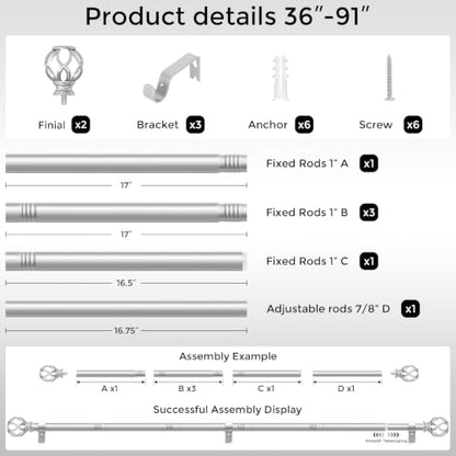 Silver Curtain Rod 36-91 Inch, 1 Inch Curtain Rods for Windows - color: Silver, size: 36"-91" (1 Pack)