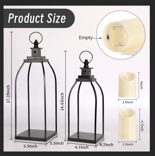 Decorative Candle Lanterns Set of 2, Black Metal for Indoor & Outdoor - size: 14+17in
