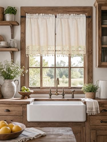 Molaxhome Linen Valances for Windows Boho Kitchen Valance Window Treatments - color: Beige, size: 35.4"W x 29.1"L (Pack of 1)