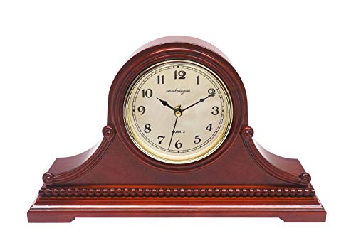 Mantel Clock, Battery Operated, Silent Wood Table Clock with Westminster Chimes, Maroon Arabic Numerals, 9" x 16" x 3" - color: Maroon Arabic Numerals
