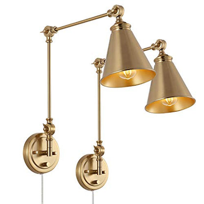 WINGBO Farmhouse Swing Arm Wall Sconce Set of 2, Industrial Adjustable Wall Lamp Light Fixture for Living Room Bedroom Vanity Study Desk Office, Plug in or Hardwired, Brass - color: Brass