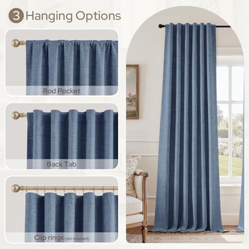 HOMEIDEAS 100% Blackout Stone Dusty Blue Faux Linen Curtains 96''L 2 Panels - color: Stone Blue, size: 52"W x 96"L (Pack of 2)