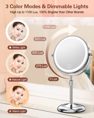 7" Lighted Makeup Mirror with Magnification 10X, Height Adjustable,3 Lights - color: Silver