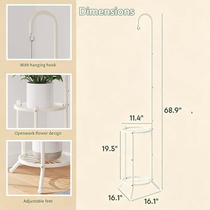 2-Tier Plant Stand With Hanging Hook, Metal Standing Plant Hanger, White - color: White