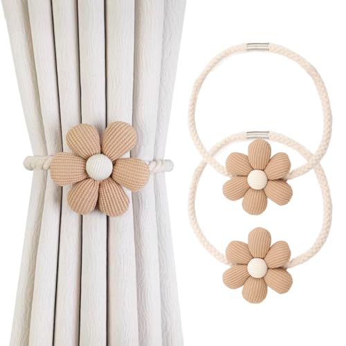 Magnetic Curtain Tiebacks, 2 Pack Window Curtain Treatment Holdbacks Tie Back Holders with Weave Twist Rope for Home Bedroom Office Indoor & Outdoor Decorative Boho Flower Cream Brown - color: Brown
