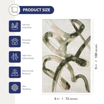 Abani Beige Cream Green Graffiti Washable Area Rug – 6' x 9' – Abstract Artistic Design – Ivy Collection – Non-Shedding, Easy to Clean – Durable for High Traffic Areas – Living Room & Bedroom - size: 6' x 9' (Rectangular)