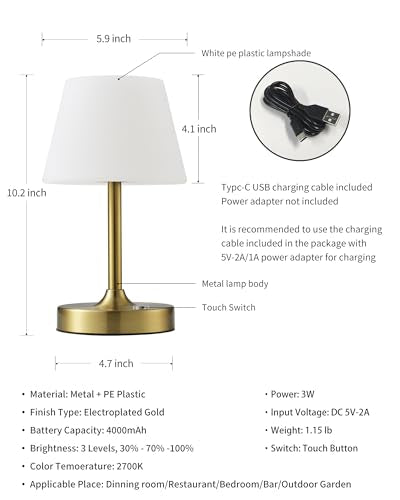 PUSU Cordless LED Gold Small Table Lamp, Waterproof Shower Desk lamp - color: Electroplated Gold (Metal + PE Plastic)