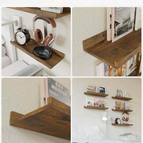 RICHER HOUSE 5-Set Floating Shelves with Lip, Brown Wall Mounted Wood Shelf - color: Brown, size: 16in