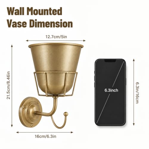Gold Metal Wall Mounted Flower Vase for Faux & Fresh-Cut Flowers
