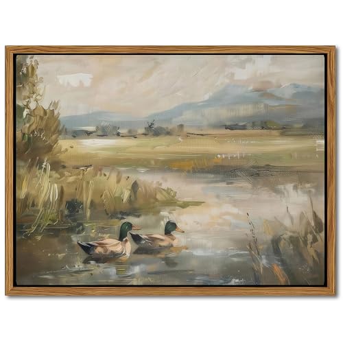 Floating Framed Canvas Wall Art, Vintage Mallard Duck Oil Paintings Print, Countryside Art Wildlife Nature Pond Wall Decor for Living Room, Bedroom, Office, Rustic Decor 16x24 inch - color: Mandarin Duck, size: 24"L x 16"W