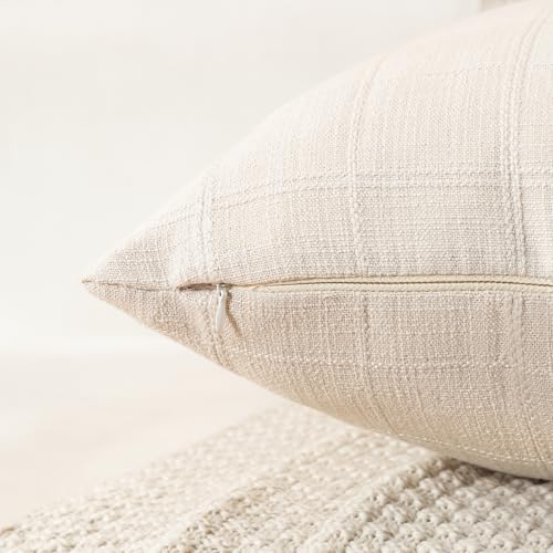 Linen Plaid Checkered Throw Pillow Covers, Beige, 18x18, Set of 2 - color: Beige, size: 18" x 18" (Pack of 2)