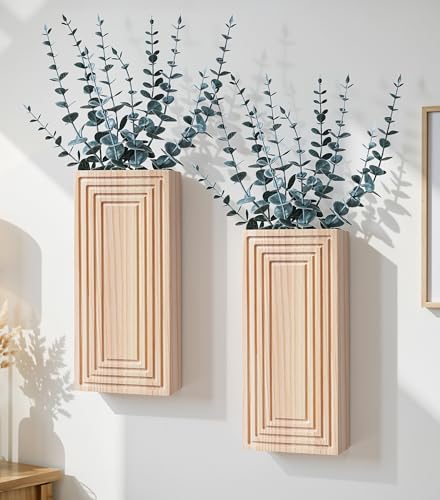 Wooden Wall Planter Vase, 2 Pack Natural Wood Hanging Vases with Fake Eucalyptus for Indoor Modern Boho Farmhouse Wall Art Decor for Home Indoor Kitchen Modern Farmhouse Bathroom - color: Natural Wood With Eucalyptus