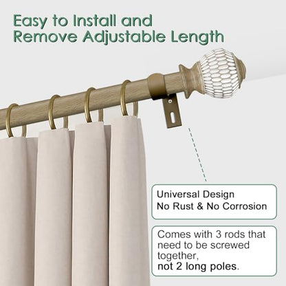 Byondeth Curtain Rods for Windows 16 to 48 Inches Adjustable Length 1 Inch Diameter Window Curtain Rod with Wood Grain Leaf Pattern Finials,for Heavy Duty Curtains Rods - size: 16" to 48"