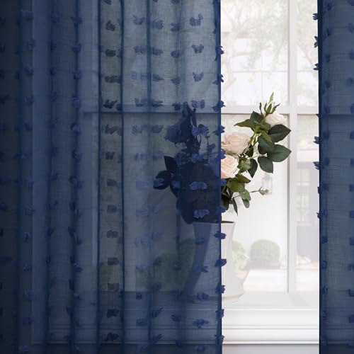 Navy Blue Boho Sheer Curtains 63 Inch Length for Nursery Boys Bedroom Cute Sheer Pom Pom Curtain for Farmhouse Window Decor Navy Indigo Blue Voile Drapes for Living Room Back Tab 2 Panels Set 52x63 - color: Navy Blue, size: 52"W x 63"L (Pack of 2)