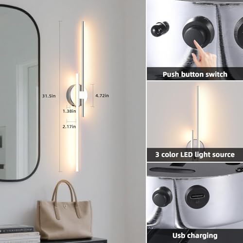 Wireless Battery Operated Wall Sconces with Remote, USB Rechargeable Led Wall Lights, 3000K-6000K Wireless wall sconces for Bedroom, Hallway, Living Room, Chrome 31.4" Wall Light Set of Two - color: Chrome, size: 31.4" 2-Pack