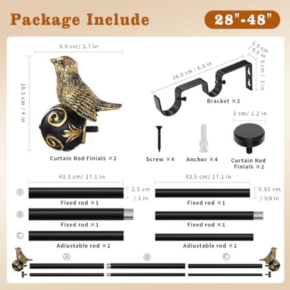 Double Curtain Rods for Windows 28-48 Inch, Gold Bird Finials - size: 28-48