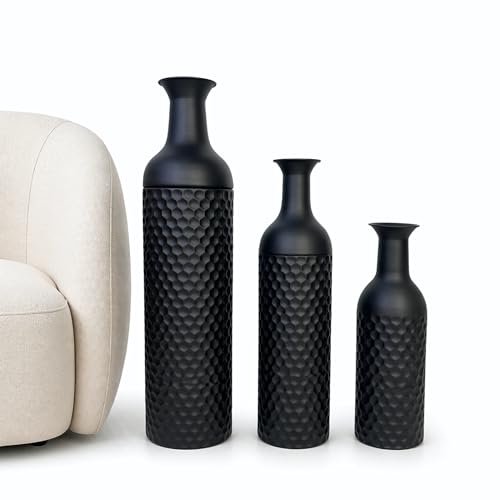 Leewadee Black Tall Floor Vase, Set of 3 Decorative 26/21/16″ Large Vases from Metal for Home Decor Living Room, Style with Pampas Grass for Modern, Vintage, Rustic or Farmhouse Room Decor - color: Black