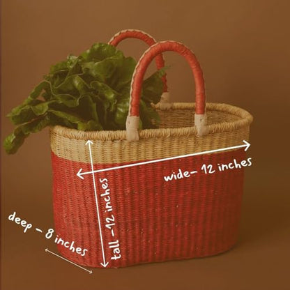 African Market Basket with Leather Handles, Red Woven Bolga Market Basket, 12" Wide - color: Red