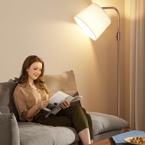 Ambimall Fully Dimmable Floor Lamp with 9W LED Bulb - Standing Lamp for Living Room with Adjustable Head, Modern Tall Light with Rotary Switch for Office, Brown and White - color: I:Brown and Linen White