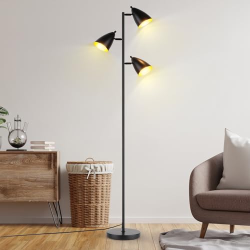 LALISU Tree Floor Lamp for Living Room, Industrial 3-Light Standing Lamp - color: Metal Black