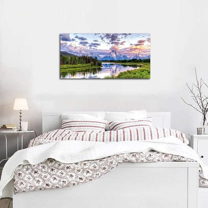 Grand Teton Canvas Wall Art Oxbow Bend Mountain River Pictures, 29"x58" - color: National Park, size: 58"L x 29"W
