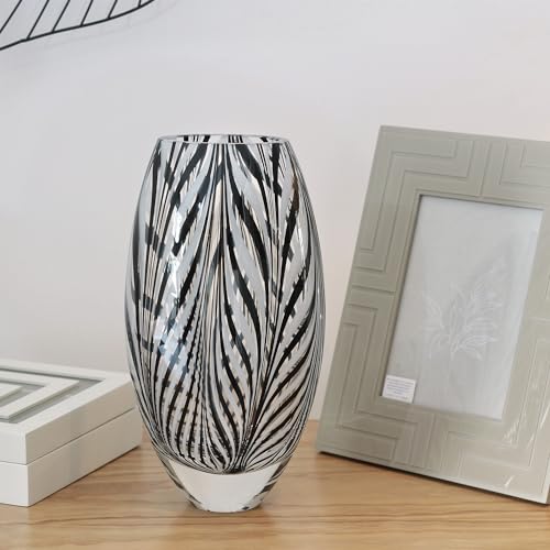 Murano Style Glass Vase Hand Blown Black and White Feather Pattern Effect - color: Black and White