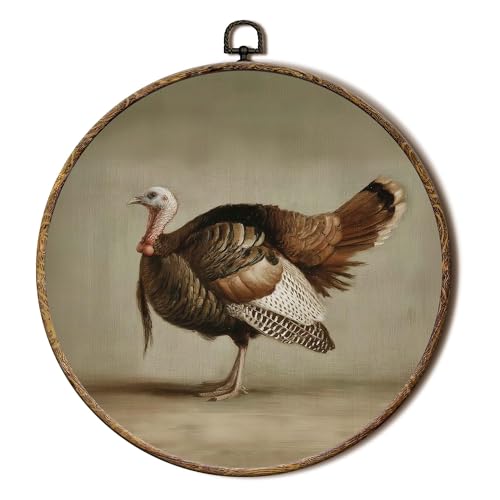 FSTCSV Vintage Turkey Thanksgiving Round Wall Art Framed, Rustic Farmhouse Turkey Canvas Prints Wall Hanging Art, Thanksgiving Autumn Circle Walls Decor for Kitchen Home Bedroom, 10x10in - color: color-10
