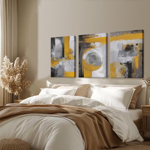 AUUAUU 3 Pcs Abstract Geometric Canvas Wall Art Yellow and Grey 12x16 Inch - color: Orange Abstract Wall Art, size: 12x16 Inch