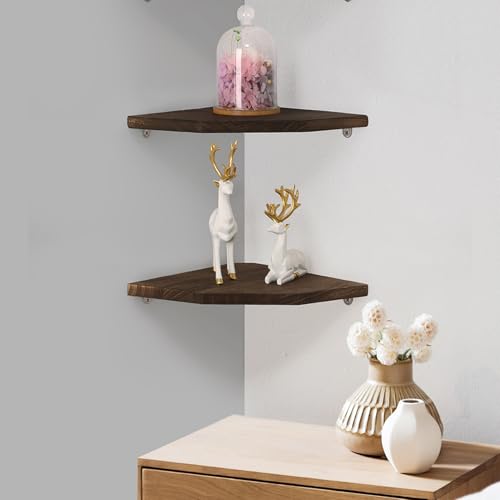 Joiishom Wood Corner Wall Shelves Set of 2, Solid Wood Corner Floating Shelves, Round End Wall Mounted Floating Corner Shelf for Bedroom, Living Room and Kitchen. (Brown-12 inch) - size: Brown-12 inch