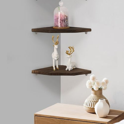 Joiishom Wood Corner Wall Shelves Set of 2, Solid Wood Corner Floating Shelves, Round End Wall Mounted Floating Corner Shelf for Bedroom, Living Room and Kitchen. (Brown-12 inch) - size: Brown-12 inch