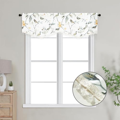 VOGOL Scalloped Valance Curtains for Kitchen Windows, Birds Print Swag Valance with Shining Beads, Lightweight Rod Pocket Window Topper for Living Room, 52 x 16, 1 Panel, Grey - color: Birds Grey, size: 52"W x 16"L (Pack of 1)
