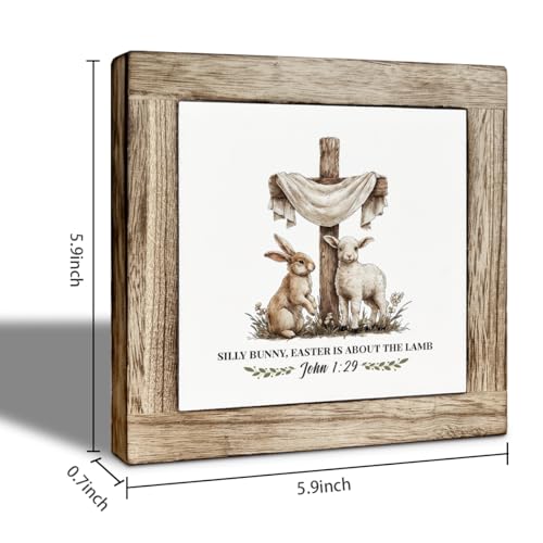 Christian Easter Wooden Box Sign Desk Decor, Silly Bunny Easter Is About the Lamb Bible Verse Desk Sign, Faith Based Wood Block Signs for Home Office Shelf 5.9 x 5.9 Inches - color: Easter 18