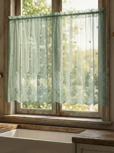 Molaxhome Kitchen Curtains Valance Blue Lace Floral Semi Sheer Curtain - color: Blue-green, size: 29"W x 24"L (Pack of 1)