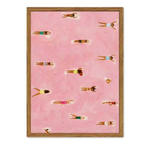 Framed Pink Tiny people Swimming Wall Art, Abstract Beach Swimmers Pictures Wall Decor, Minimalist Coastal Paintings Canvas Prints Beachy Home Decor for Living Room Bedroom Bathroom 12x16 Inch - color: Pink Coastal, size: 16"L x 12"W