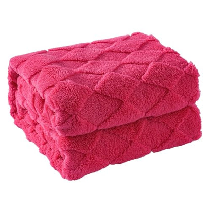 Hot Pink Fleece Throw Blanket for Couch Sofa 50”x60” with Diamond Checkered - color: Hot Pink, size: Throw(50"x60")