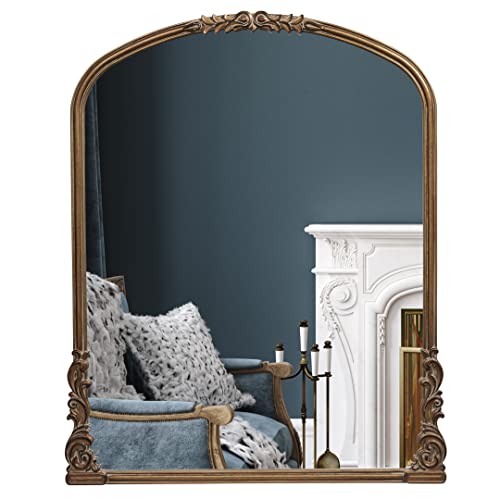 Wylde Iris English Estate Carved Arch Wood Wall Mirror, Mirror for Entryway, Living Room, Bathroom, Antique Gold, 28.4x35 - color: Antique Gold, size: 35"L x 28.4"W