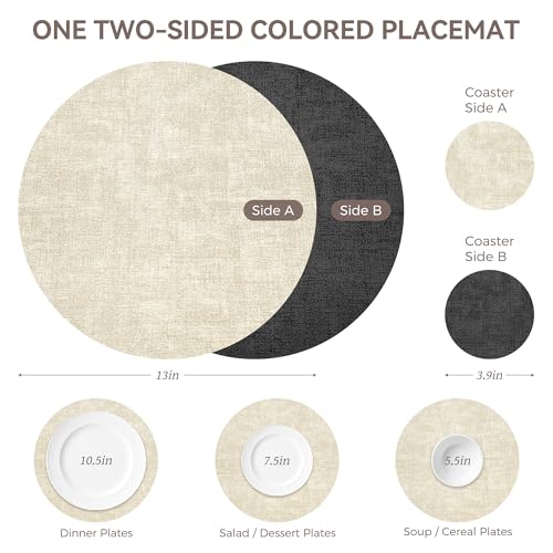 NCUE 13" Faux Leather Round Placemats Set of 4, Reversible Dual-Color - color: Deep Gray Beige