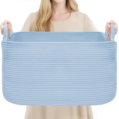 YOUDENOVA Large Blanket Basket, Rectangle Cotton Rope Storage Baske - color: Light Blue