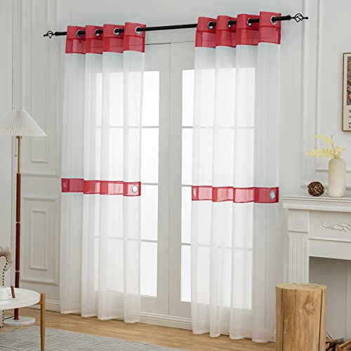 L.Z.E Red and White Sheer Curtains 84 Inches Long 2 Panels Set, Transparent Voile Window Drapes for Living Room & Dining Room with Classic Design, Elegant Grommet Curtain with Tieback - color: Red, size: 56"W x 84"L (Pack of 2)