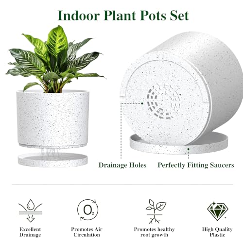 Plant Pots, 10/9/8 Inch 3 Pack Cylindrical Flower Pots with Drainage Holes and Saucers, Plastic Planters for Outdoor Indoor Plants,White with Black Speckles - color: White With Black Speckles