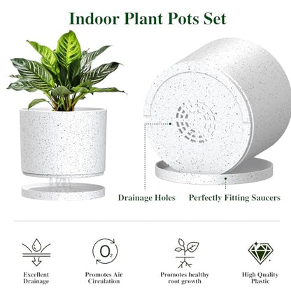 Plant Pots, 10/9/8 Inch 3 Pack Cylindrical Flower Pots with Drainage Holes and Saucers, Plastic Planters for Outdoor Indoor Plants,White with Black Speckles - color: White With Black Speckles