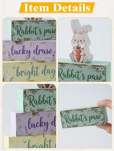 Spring Easter Dec Bunny Wooden Tabletop Decor with Rabbit’s Paw/Luck Draw/Bright Day Signs, Spring Farmhouse Spring Table Decorations for Home Indoor, Green Purple Beige Wood Blocks Set of 4 - size: Spring Rabbit