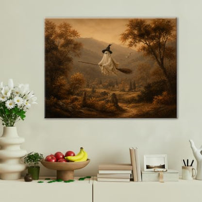 Halloween Wall Art Decor, Ghost Witch Broom Canvas Print Framed 8x10 Inch - color: I