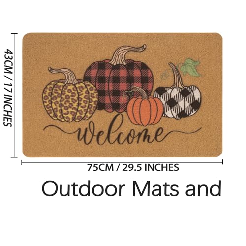 IZUS Hello-Pumpkin Fall Welcome-Doormats Harvest-Festival Outdoor-Entrance Non-Slip Leopard/Plaid-Printed-Pumpkins Autumn Frontdoor Mats 17x29inch - color: Pumpkins With Leopard+plaid+buffalo-check Printed